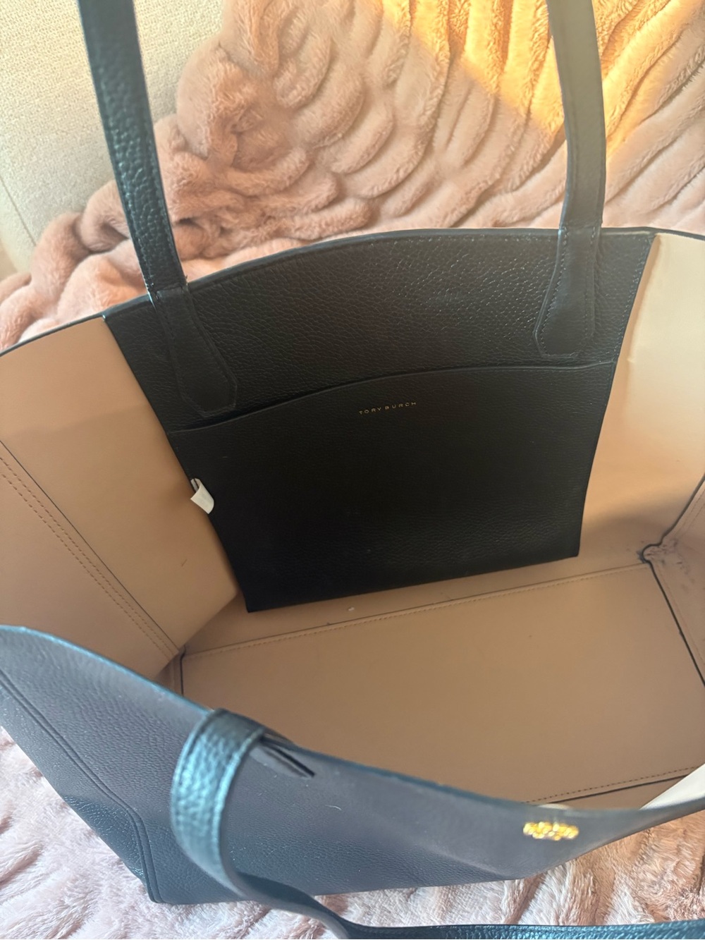 Tory Burch Black Leather Double-Handle Tote with Gold Logo - Picture 2 of 5